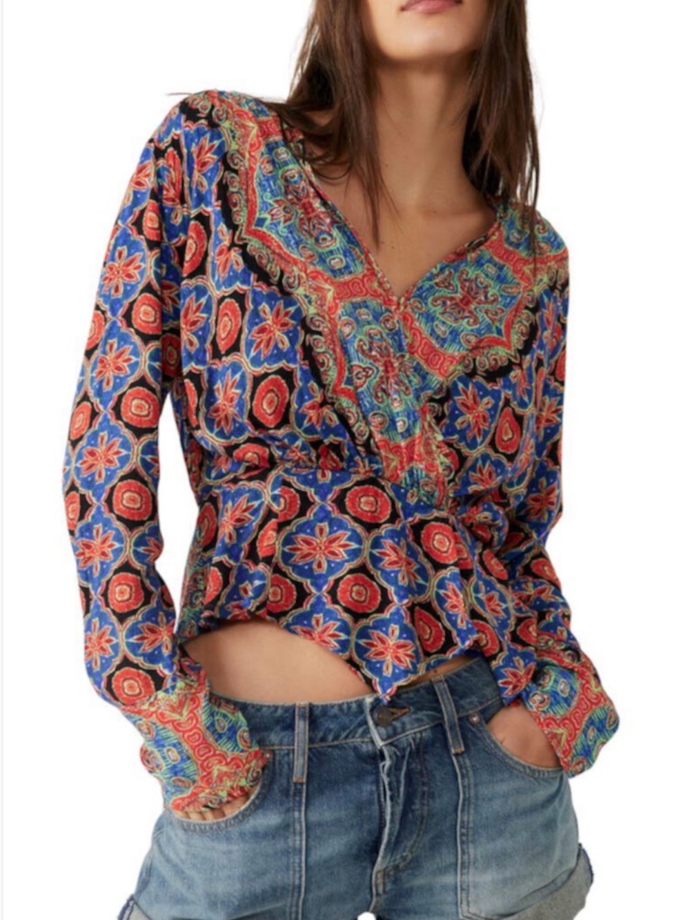 Free People Falling For You Boho Floral V-Neck Blouse - Blue & Red